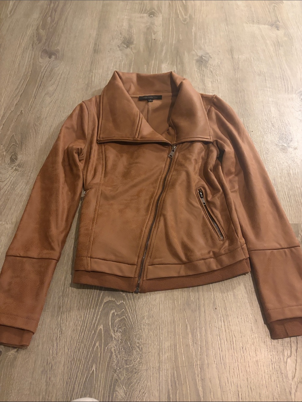 Dance & Marvel Tan Faux Leather Asymmetrical Zip Jacket